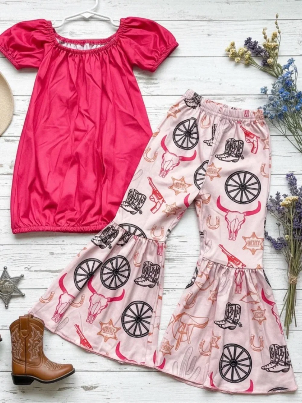 Girls Pink Cowgirl Ruffle Pajama Set - Soft Short Sleeve Top & Bell Bottoms